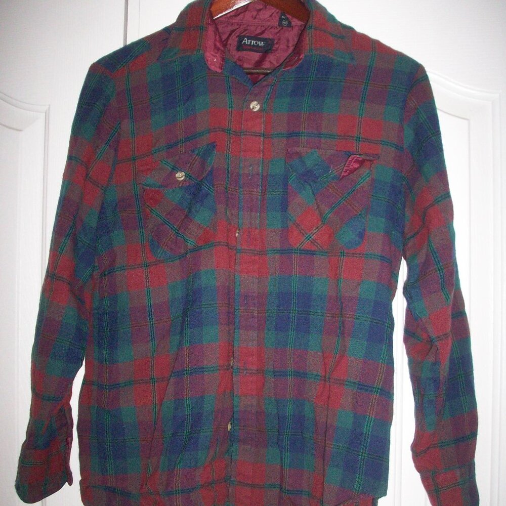 Vtg 80s 90s ARROW SPORTSWEAR Blue Red Plaid Acrylic Flannel Shirt Men's M, Nice